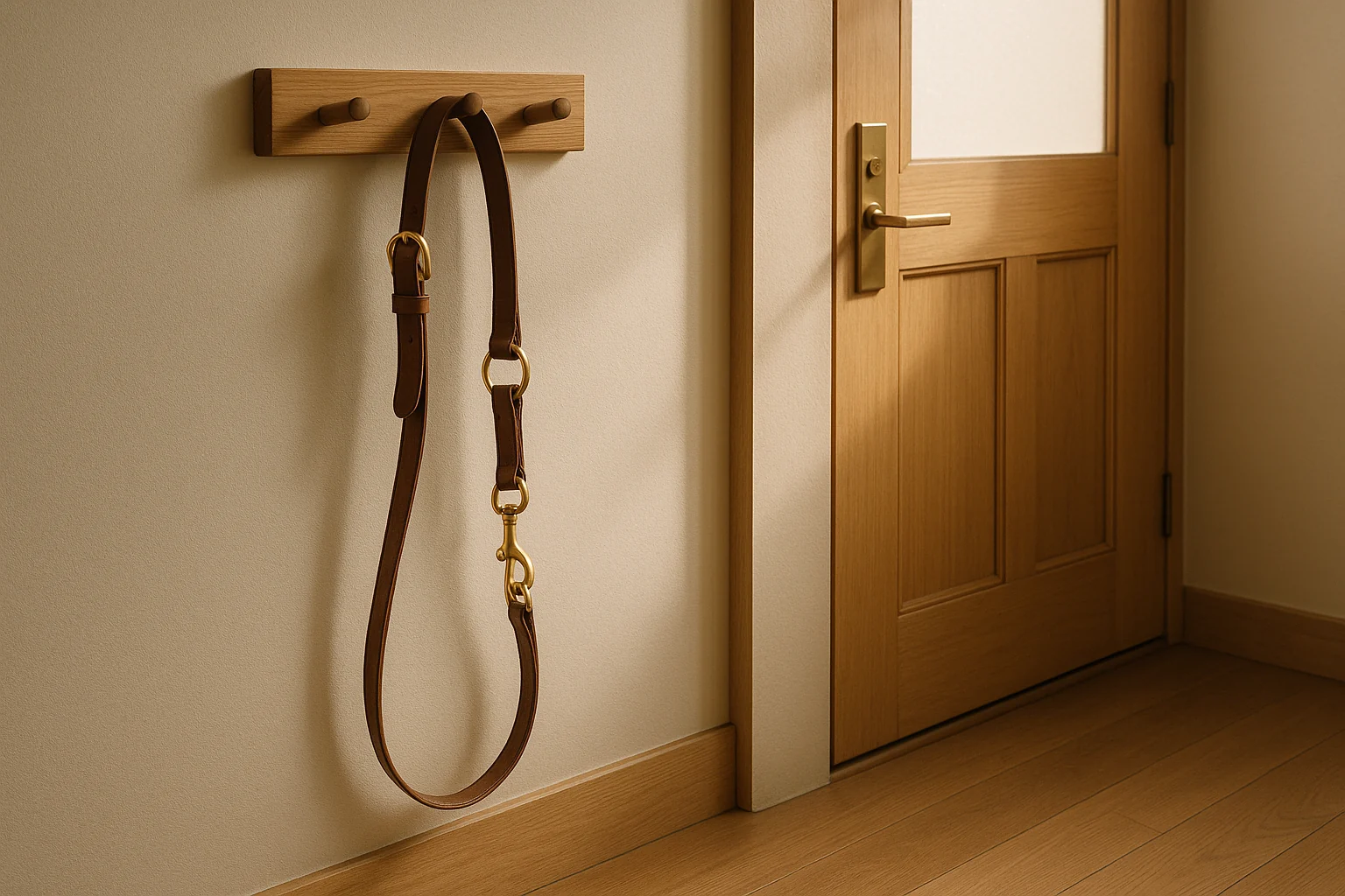 A leather leash and collar hanging on a wooden hook beside a front door