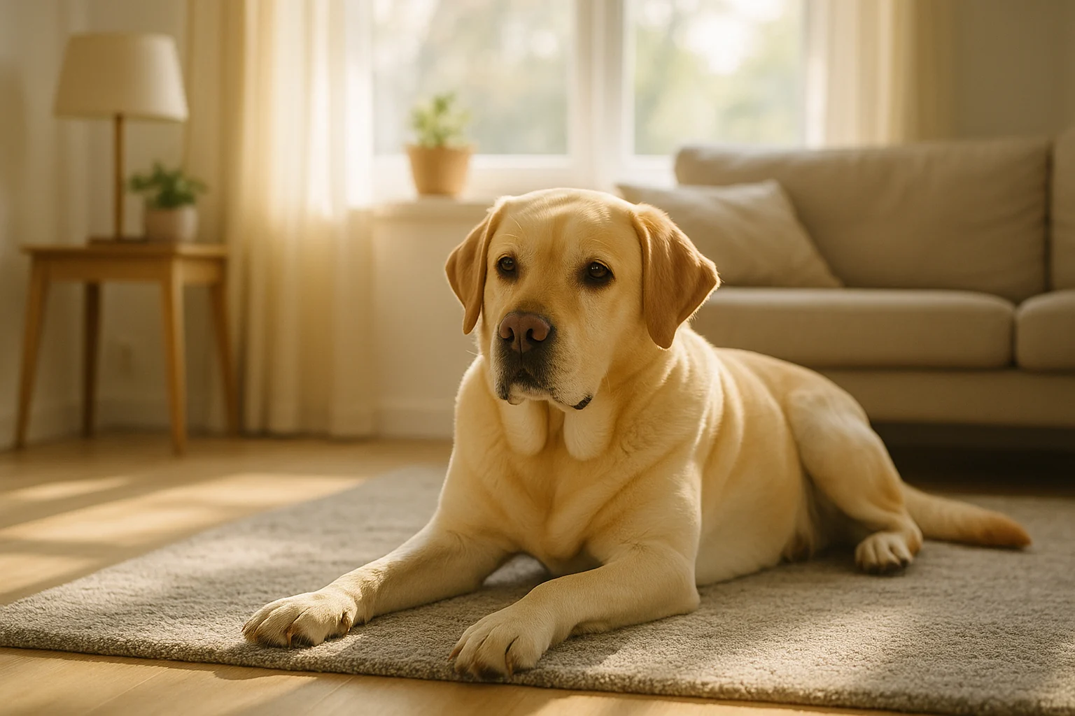 A calm Labrador retriever resting on a rug in a bright living room