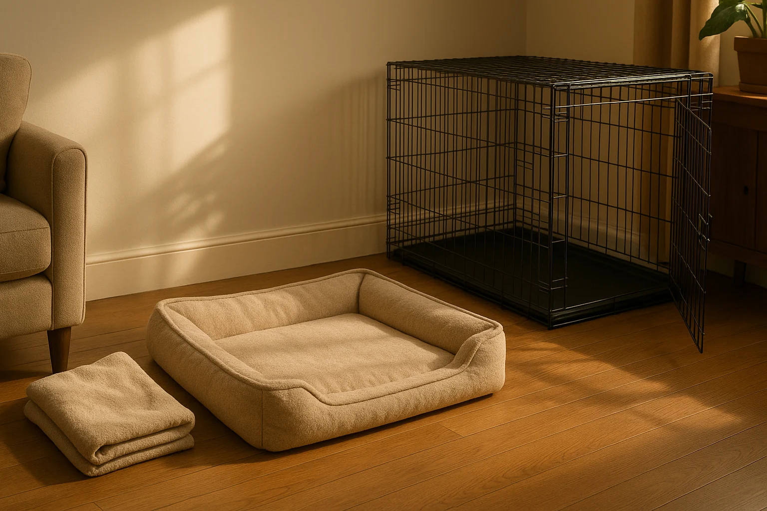 A soft dog bed and folded blanket beside an open crate in a quiet living room