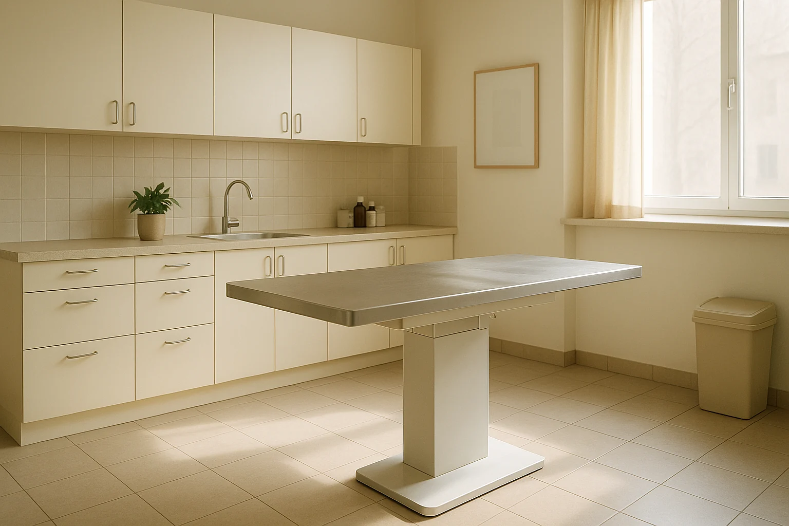 A quiet, empty veterinary consultation room in soft daylight