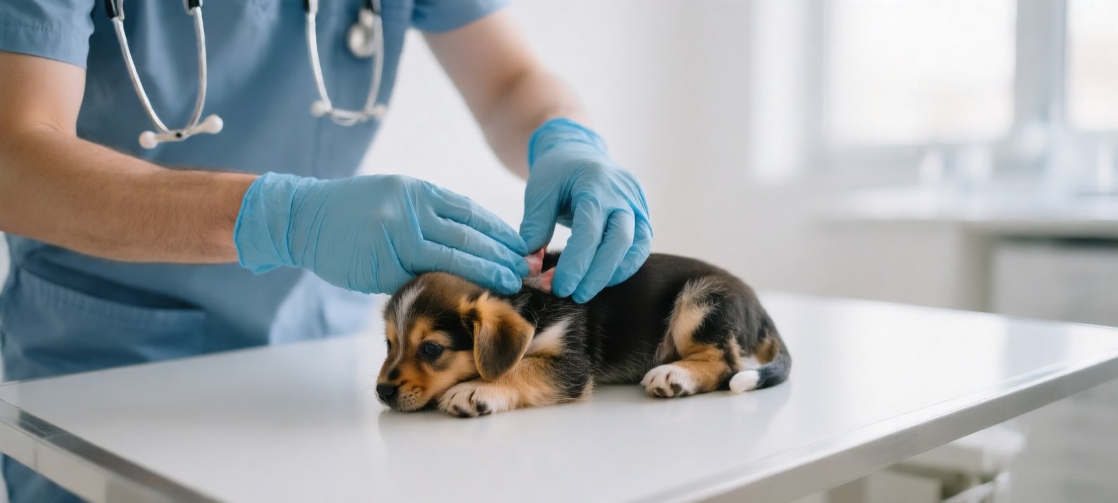 Cachorro joven en recuperación de parvovirus canino bajo cuidado veterinario en un entorno clínico