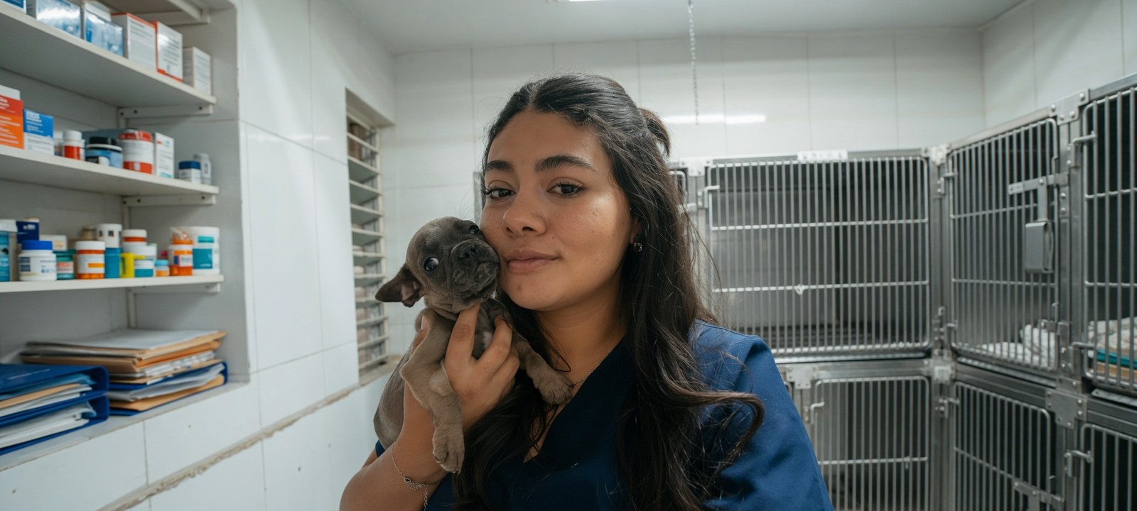Médica veterinaria sosteniendo un cachorro en una clínica de la Ribera de Chapala, Jalisco