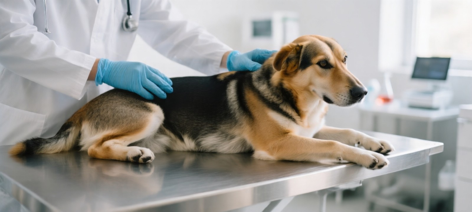 Médica veterinaria examinando a un perro joven que se recupera del moquillo canino en un entorno clínico